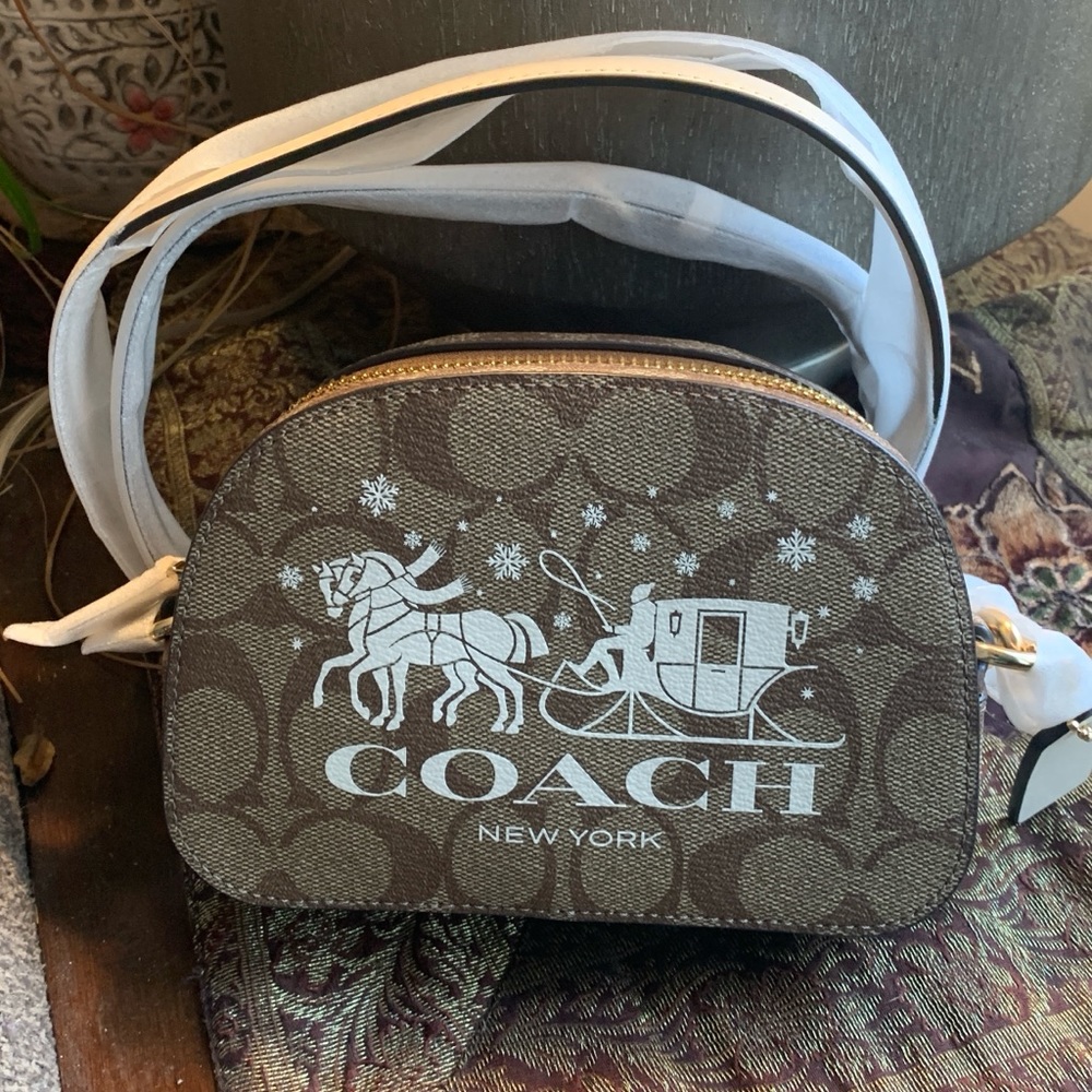 Authentic COACH Signature Coated canvas /smooth leather zip top crossbody